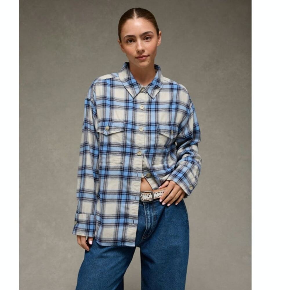 Woman's American Eagle Blue Plaid Button Up Shirt Top Size Large